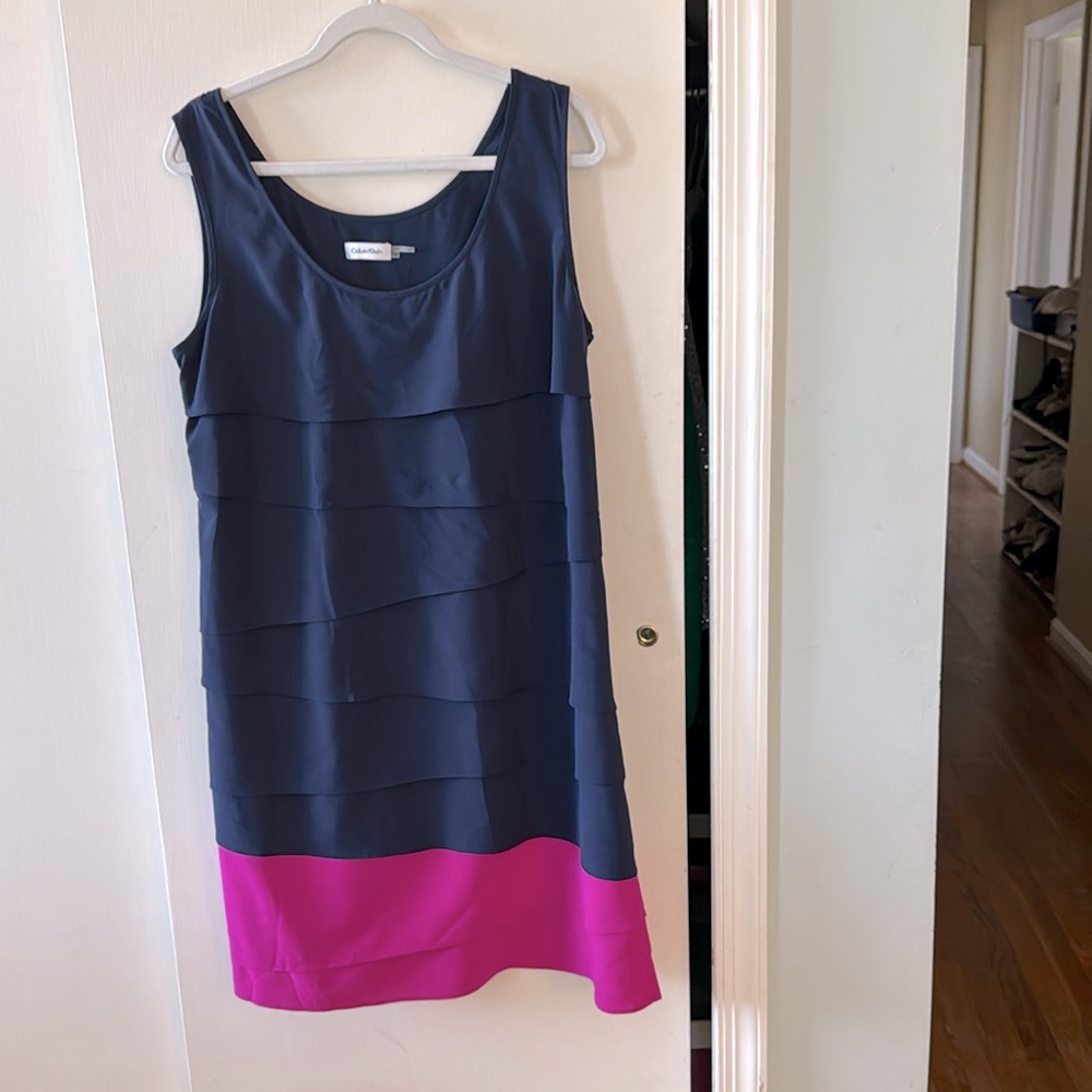 Calvin Klein Multi Tiered Sleeveless Dress Navy Blue and Magenta Size 14